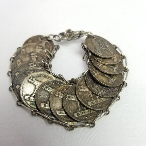 Vintage Faux Coin Cow Charm Bracelet, E.P.Q.R Signed, Silver Tone, Estate - Picture 2 of 5